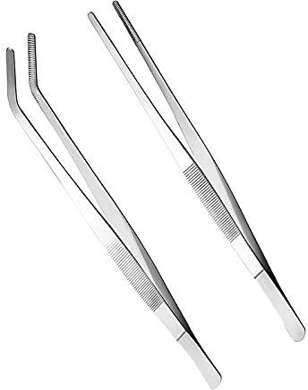 2 Pezzi Pinzette Lunghe da Cucina in Acciaio Inossidabile - Set per Bistecche e Alimenti (Dritte + Curve)