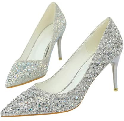 ticticlily Damen Pumps Klassische High Heels Spitze Stiletto Prom Party Hochzeit Pendler Heels Bankett Pumps B Silber 39 EU