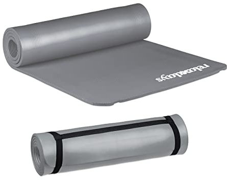 Relaxdays 2 x Yogamatte, 1 cm dick, für Pilates, Fitness, gelenkschonend, mit Tragegurt, Gymnastikmatte 60 x 180 cm, grau