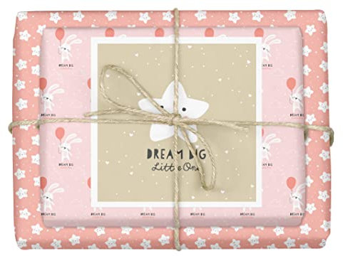 dabelino® Geschenkpapier zur Geburt/Taufe: Baby Mädchen, Kleinkind - Set Hase mit Ballon + Sterne (rosa, erster Geburtstag)