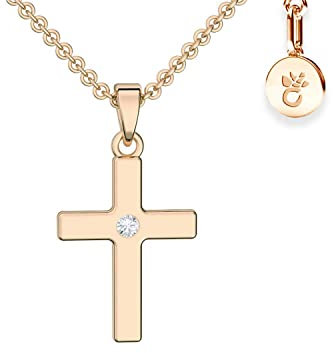 Amoonìc Kreuz Kette Mädchen Rosegold (Silber 925 vergoldet)| Kreuz-Anhänger Halskette | Kinder-Schmuck Erst-Kommunion Tauf-Geschenk Konfirmation Firmung Geburt Taufe | Goldkette Kreuzkette Taufkette
