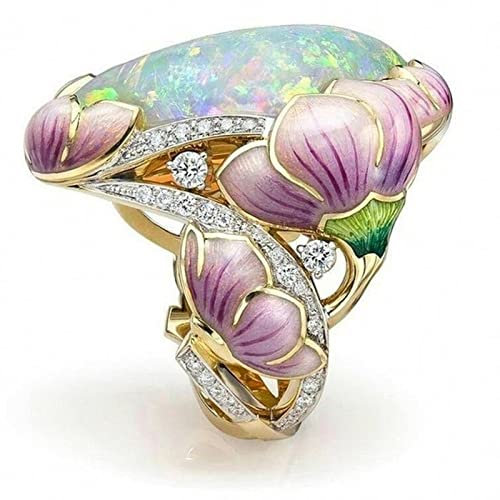 CAIAO Zarte Mode Goldfüllung Blumenring Lavendel Fuchsia Lotus Emaille Oval Cut Fire Stone Braut Engagement Ringe für Frauen-8,White