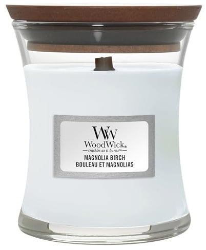 WoodWick Candela profumata con stoppino scoppiettante | Candela a clessidra piccola Betulla e Magnolia | Fino a 20 ore di combustione | Regali perfetti per le donne
