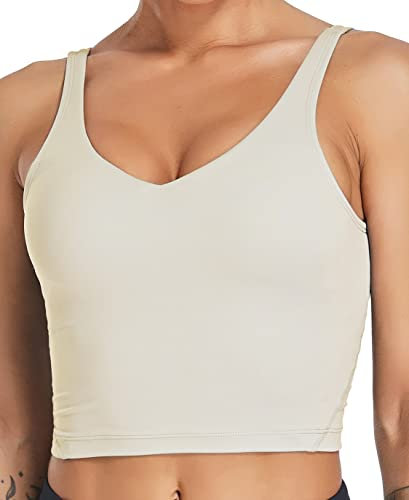 Oalka Sport-BH für Damen, lang, gepolstert, bauchfrei, Yoga-BHs, Workout, Fitness-Top, Khaki Sand, small
