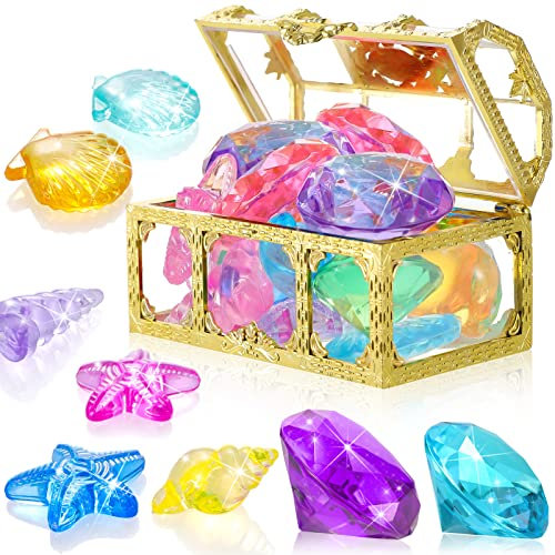 Skylety 12 Stück Tauchjuwel Schwimmbad Spielzeug mit 1 Schatzkiste und 12 Bunten Acryl Edelsteinen aus Kunststoff Schatztruhe Unterwasser Edelsteine Spielzeug Party Mitgebsel (Golden)