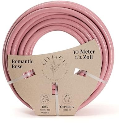 LIVLIG Gartenschlauch 30m, Gartenschlauch 1/2 Zoll Made in Germany, Wasserschlauch 30m aus recyceltem PVC, formstabil, Farbe: Rosa