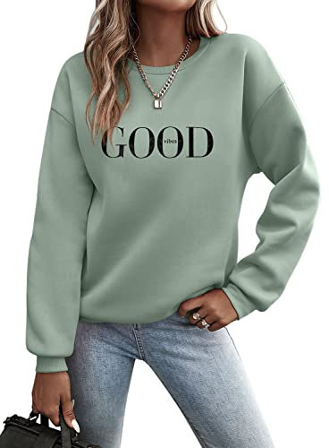 Minetom Pullover Damen Sweatshirt Briefe Drucken Langarm Rundhals Pulli Herbst Winter Frauen Buchstaben Druck Locker Casual Oberteil Sport Streetwear Sweatshirts ohne Kapuze Bluse Tops A Grün 2XL
