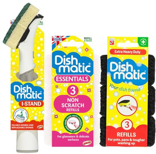 I-Stand - Esponja de Lavado rellenable con Mango + 3 recambios antiarañazos + 3 recambios de esponjas de Repuesto Extra Resistentes