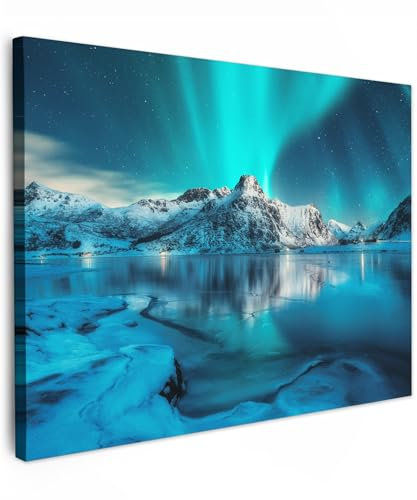 MuchoWow© Impression sur Toile Photo Peinture 40x30 cm Tableau Decoration Murale Chambre Salon Maison Deco Cuisine Aurore boréale - Glace - Neige - Norvège - Bleu - Montagnes