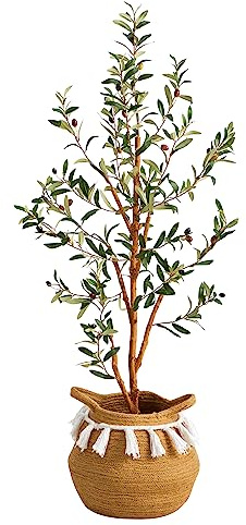 Nearly Natural 3.5ft. Artificial Olive Tree with Handmade Jute & Cotton Basket with Tassels