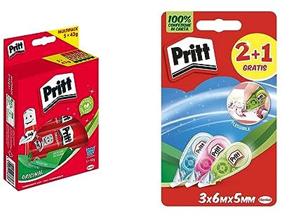 Pacchetto di Pritt Colla Stick 5 X 43 gr + Pritt Micro Roller, Correttore a nastro dal design colorato in blu, verde e rosa, Confezione da 3 (5mmx6m)