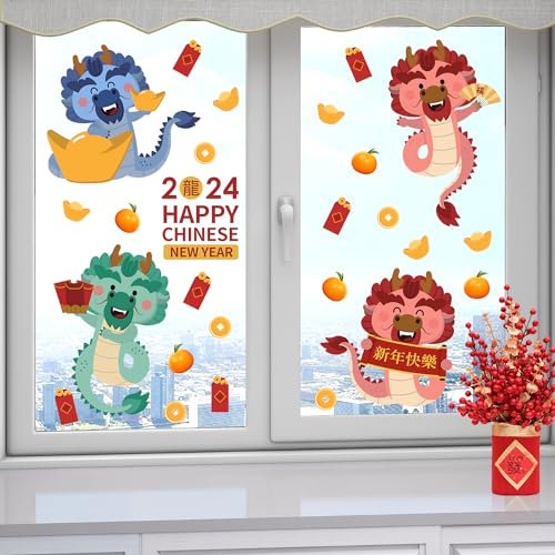 ANHUIB Neujahr Fensteraufkleber,Drachen Neujahr Fensterabziehbilder,Chinesischer Neujahr Fensterdeko,2024 Frühlingsfest Fensterbild,Drachen Fenstersticker,New Year Sticker für Vitrinen Glas Tür Deko