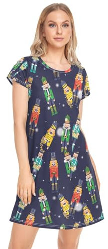 CHIFIGNO Damen-Nachthemd, weicher Druck, Schlafshirt, Nachtkleid, süßes Nachthemd für Frauen, S-XXL, Bunte Nussknacker Weihnachten Schneeflocken, XL