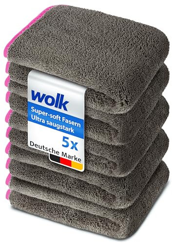 wolk Auto Trockentücher 5er Set – 1200 GSM Mikrofaser 40x40 cm – Saugstark, Kratzfrei, Fusselfrei – Extra groß, langlebig – Grau/Pink – Für Auto & Motorrad