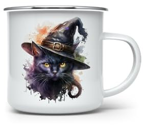 MAXIKIWI - Langlebiger Emaille-Kaffee- oder Tee-Camping-Becher für den Innen- und Außenbereich - Aquarell Schwarze Katze Hexe - 350 ml