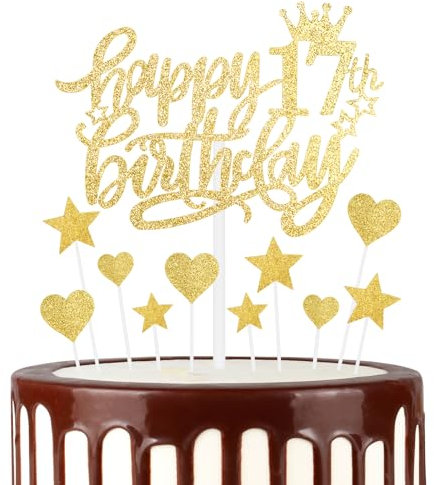 mciskin Tortenaufsätze zum 17. Geburtstag, goldene Kuchendekoration für Kuchen, glitzerndes Herz, Sterne, Kuchenaufsätze, Geburtstagsgeschenk, personalisierte Kuchendekorationen für Frauen und