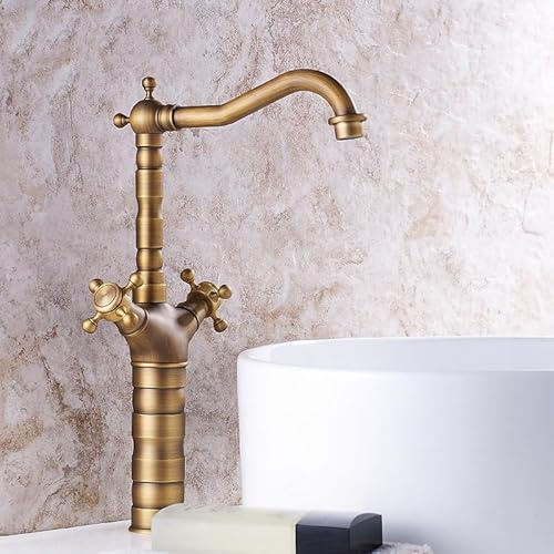 ZYCDP Wasserhahn Bad Messing Retro Waschbecken Wasserhahn Zweigriff Mischbatterie Waschtischarmatur Bad, Antiquität, Hoch