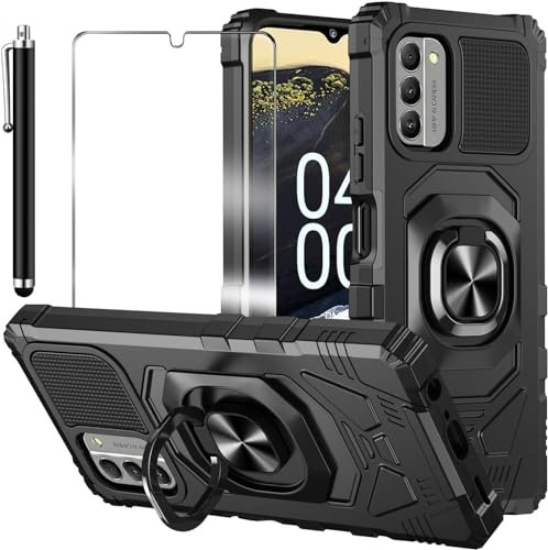 MQERYBV for Nokia G42 Case with Tempered Glass Screen Protector Protection Cover Shockproof Heavy Duty [Military-Grade] Rugged Phone Case with 360°Kickstand for Nokia G42 5G (Black)