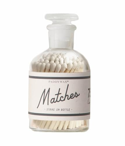 Paddywax Glass Bottle Match Holder with Striker and 75 Safety Matches, White Tip