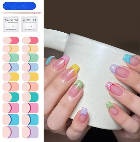 MrCuvaryas 20PCS UV Gel Nagelfolie, Nagelsticker - Fingernägel zum aufkleben, Gel-Nagelaufkleber Nagelfolie Härtend mit Nagelfeile Stick für Frauen Nageldekoration, Bunte French Manicure (Multicolor)