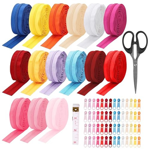 PRITOK Set di riparazione con cerniera in nylon, 45 m, chiusura lampo infinita con 60 cerniere, 15 colori, cerniere di ricambio per lavori di cucito, borse, vestiti, biancheria da letto