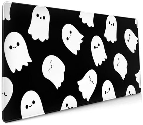 Halloween-Geister-Mauspad, 90 x 40 cm, XXL, niedlich, gruselig, schwarz-weiß, Kawaii, lustiges Design, Gaming-Mauspad, erweiterte große Laptop-Tastaturmatte, rutschfeste Gummiunterseite, genähte