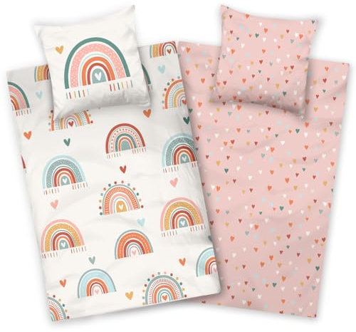 Aminata kids Bettwäsche Kinder 135x200 Mädchen Regenbogen und Herzen Motiv Baumwolle mit Reißverschluss Teenager rosa weiß - Wendebettwäsche Einhorn