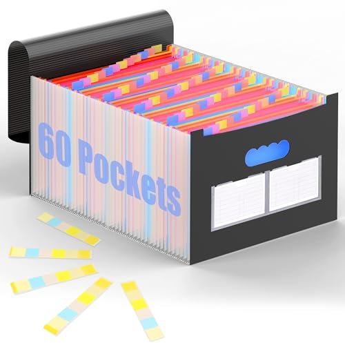 AFMAT File Organiser Box 60 Pockets,Portable Expanding File Folder,Accordion File Organiser A4,Document Organiser File Wallet with Blank Labels,Bill Receipt Paperwork Organiser for Home School Office