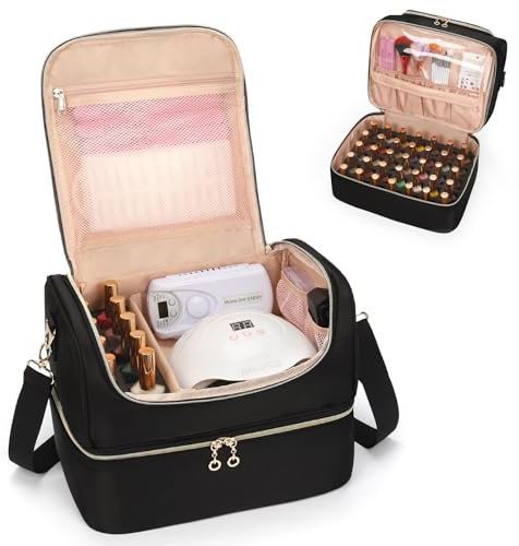 Nail Polish Organiser, Nail Varnish Storage Box Holds 45 Bottles Nail Polish & Nail Lamp, Nail Tech Travel Case, Nail Kit Carrying Bag for Nail Stuff & Manicure Tools (Black, 45 Slots)