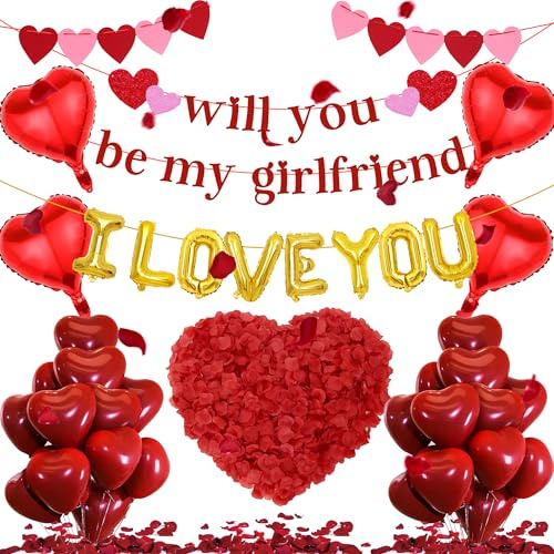 Will You Be My Girlfriend – 534 Stück Luftballons Dekorationen Banner I Love You Folie Herz Latexfolie Ballons Herz Wimpelkette Künstliche Rosenblätter für romantische Valentinstag Verlobungen