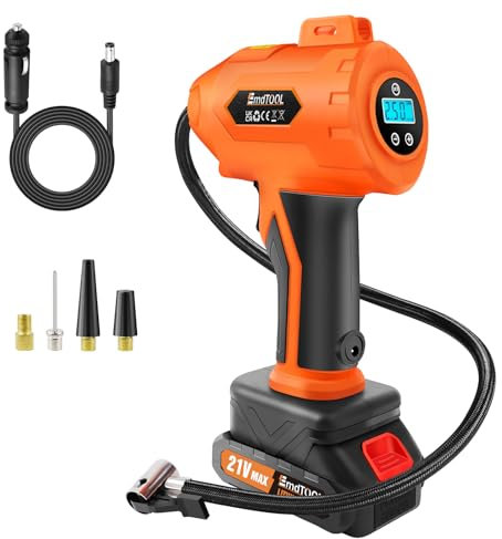 Cordless Tyre Inflator Portable Air Compressor Car Tyre Pump, 180 PSI 21V Rechargeable Battery Portable Handheld Electric Digital Tyre Pump with LED Light & 3 Nozzle for Car Bicycles Motorcycles Ball