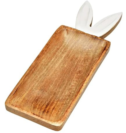 Deko-Teller/Deko-Tablett Hasenohren aus Mango-Holz Servier-Geschirr Teller Schale Geschenk-Idee Ostern Oster-Deko Tisch-Dekoration Frühling Osterfest Farben: braun & weiß