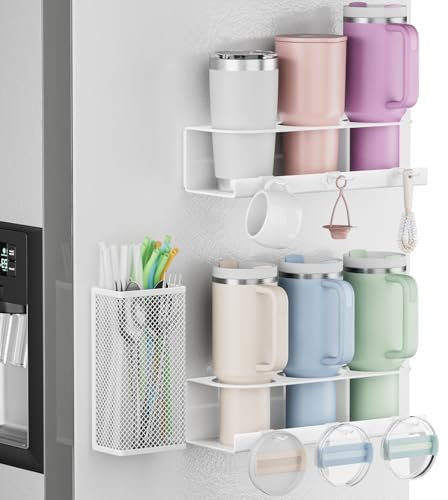 Magnetic Cup Holder For Stanley 20/30/40oz - 2 Pack Tumbler Organizer for Stanley - Water Bottle Organizer for Fridge with Straw Basket & 6 Hooks for Tumbler Cup Lids Accessories Organization White