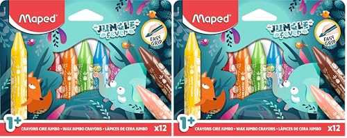 Maped - Maxi-Wachsmalstifte JUNGLE FEVER JUMBO- Kinderwachsstifte - Wachsmalkreiden für Babys ab 1 Jahr - Dreieckige Form - Erster Jumbo-Wachsmalstift - Kartonschachtel mit 12 Jumbo-Wachsmalstifte
