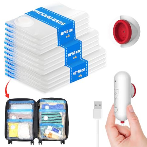 Vacbird Sacchi Sottovuoto Vestiti con Pompa Elettrica Usb, 12 Pezzi di Buste Sottovuoto (4x 40 * 40cm / 4x 40 * 50cm / 4x 40 * 60cm) Sacchetti Sottovuoto Vestiti Viaggio, Riutilizzabili, Salvaspazio
