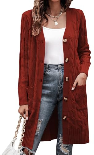 Aottori Strickjacke Damen Lang Grobstrick mit Taschen Weinrot XXL