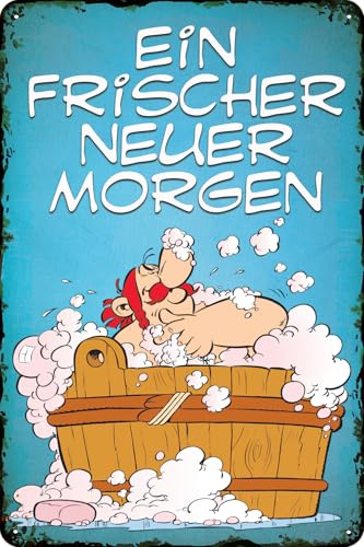 LUCKYLINDE - XL Retro Blechschild, ASTERIX und OBELIX, französiche kult Comic Serie, Deko Schild, 30 x 40 cm (Obelix in der Badewanne, Ein frischer neuer Morgen)