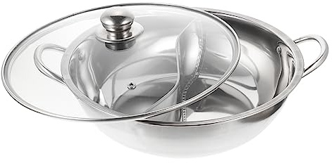 LIGIGWASH Stainless Steel 32cm Thickened Divided Hot Pot Tempered Glass Lid, Split Shabu Shabu Soup Pan for Home and Restaurant Cooking