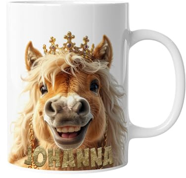 Personalisierte Kaffeetasse Lustiges Pferd mit Krone | Keramik Becher mit Namen – lustige Tiermotiv Tasse, Geschenkidee für Männer, Frauen, Kinder & Kollegen – spülmaschinenfest, 330ml