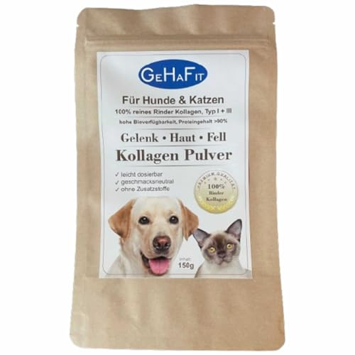Kollagen Pulver für Hunde & Katzen – 100% reines Kollagenhydrolysat Peptide I + III – unterstützt Gelenke, Haut & Fell – hoher Proteingehalt über 90% – Einzelfuttermittel – 150 g – GeHaFit