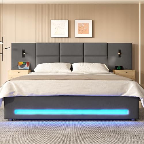 Luscriate Polsterbett 180×200 cm Leselampen, Mehreren USB-Anschlüssen & hydraulischem Hebesystem – Polsterbett mit großem Stauraum für Schlafzimmer (Dark Grey-Velvet(180 * 200cm))