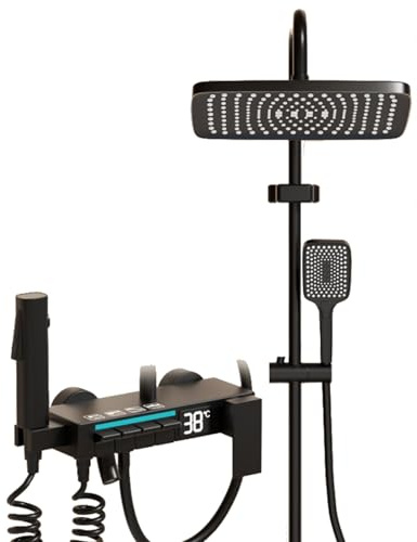 Sistema Doccia Con Termostato, Soffione Doccia Quadrato, 4 Set Doccia Funzionali Per Sala, Altezza Regolabile, Miscelatore Doccia Completo Con Display Digitale LED (nero)