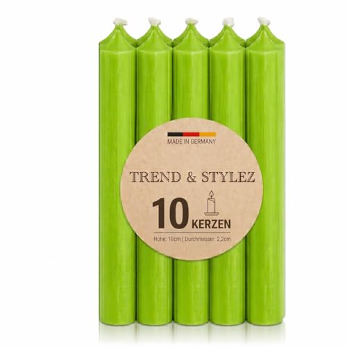 10 Spitzkerzen durchgefärbt (180x22mm) | RAL Stabkerzen mit 8h+ Brenndauer | Ohne Tropfen & Rußen | Tafelkerzen für Leuchter | Made in Germany (Apfelgrün)