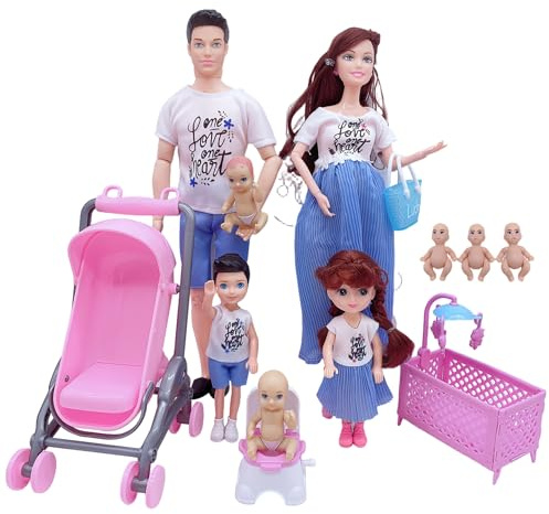 Syglawnd Ensemble de poupée familiale, Ensemble de poupée Enceinte en Toute sécurité avec Papa et 3 Enfants, 5 Personnes avec Accessoires Maison, Jouet Simulation pour Enfants
