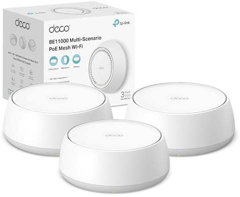 NEW TP-Link Deco BE65-PoE BE9300Mbps WiFi 7 Mesh System with PoE, 5Gbps PoE Port, Up to 7600 ft2 Coverage, 200+ Devices Connection, Pole/Wall Mount or Tabletop, Seamless AI-Driven Mesh, Easy Setup