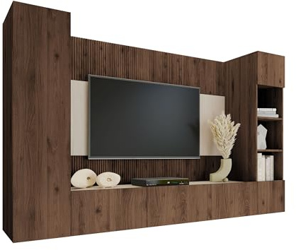 Mirjan24 Wohnwand Deromi IV, Anbauwand mit Wandpaneele und TV-Lowboard, Akustikplatten, Fernsehschrank, Schrankwand, Mediawand, Hängeregal, Hängeschrank (Eiche Okapi + Travertin)