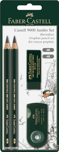Faber-Castell 119398 - Zeichenset Castell 9000, 4-teilig, mit 2 Bleistifte Jumbo, Radiergummi und Spitzer