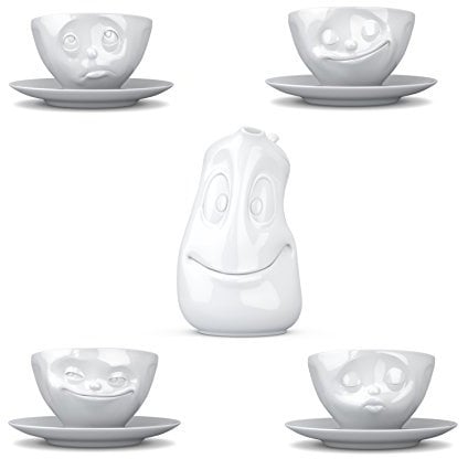 lustige Tassen Kaffeeset - 4 Kaffeetassen mit Unterteller & 1 Kanne