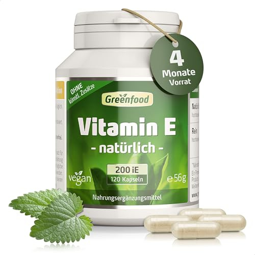 Vitamin E, 200 IE, hochdosiert, 120 Kapseln - OHNE künstliche Zusätze | Natürliches Tocopherol, Antioxodanz, Zellschutz, Laborgeprüft, Ohne Gentechnik, Halal, Vegan