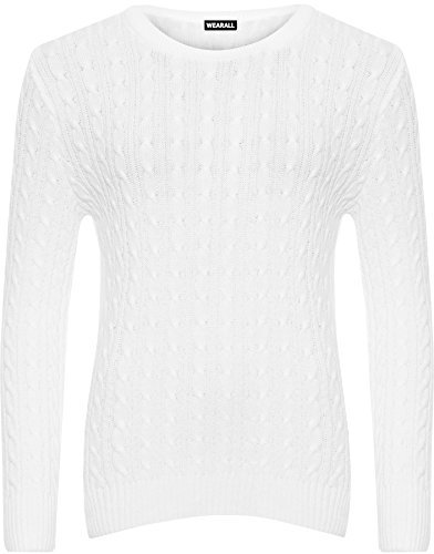 WearAll Women's Cable Knit Long Sleeve Top Ladies Jumper Sweater - White - 18-20